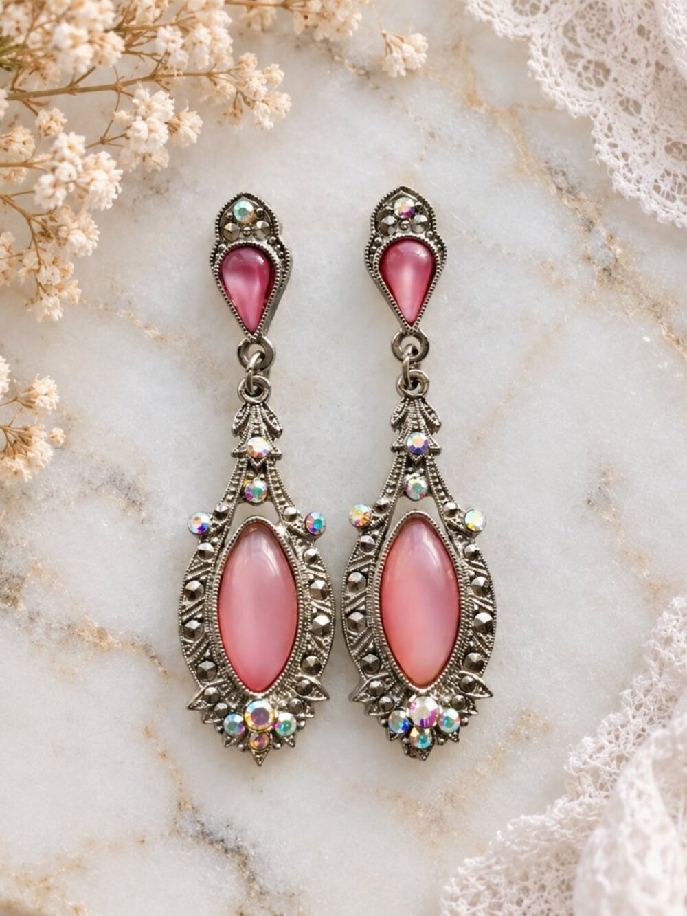 Vintage Silver Tone Pink Moonstone Style Rhinestone Dangle Earrings